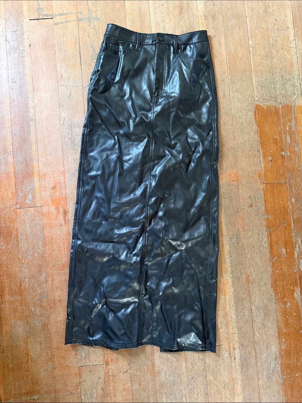 AFRM Black Faux Leather Maxi Skirt with Front Seam